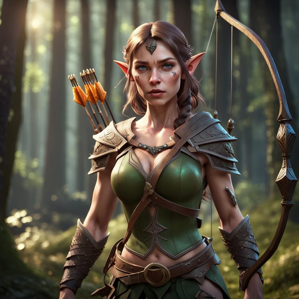 Female Elf with Bow and Black Cat in 3D