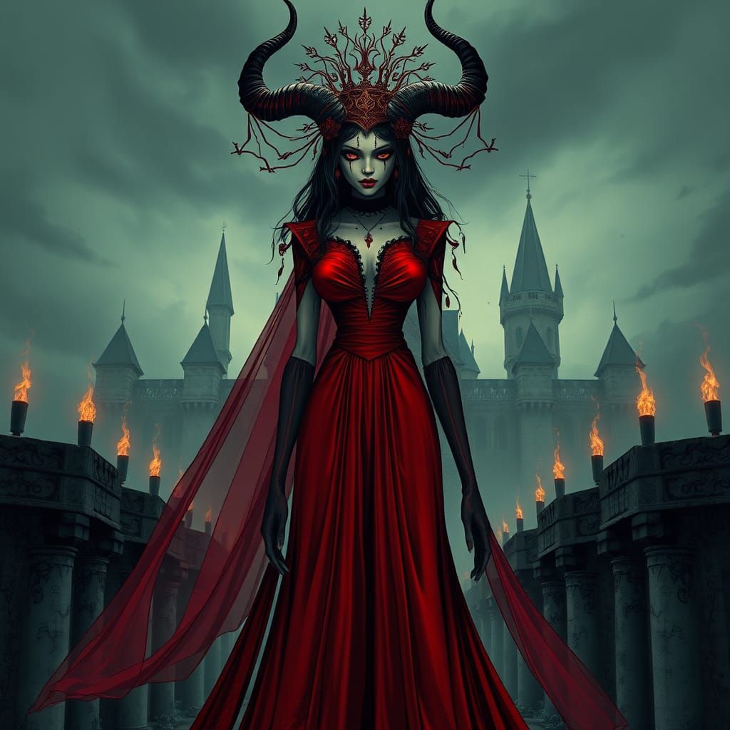 Surreal Gothic Woman in Red Dress Illustration