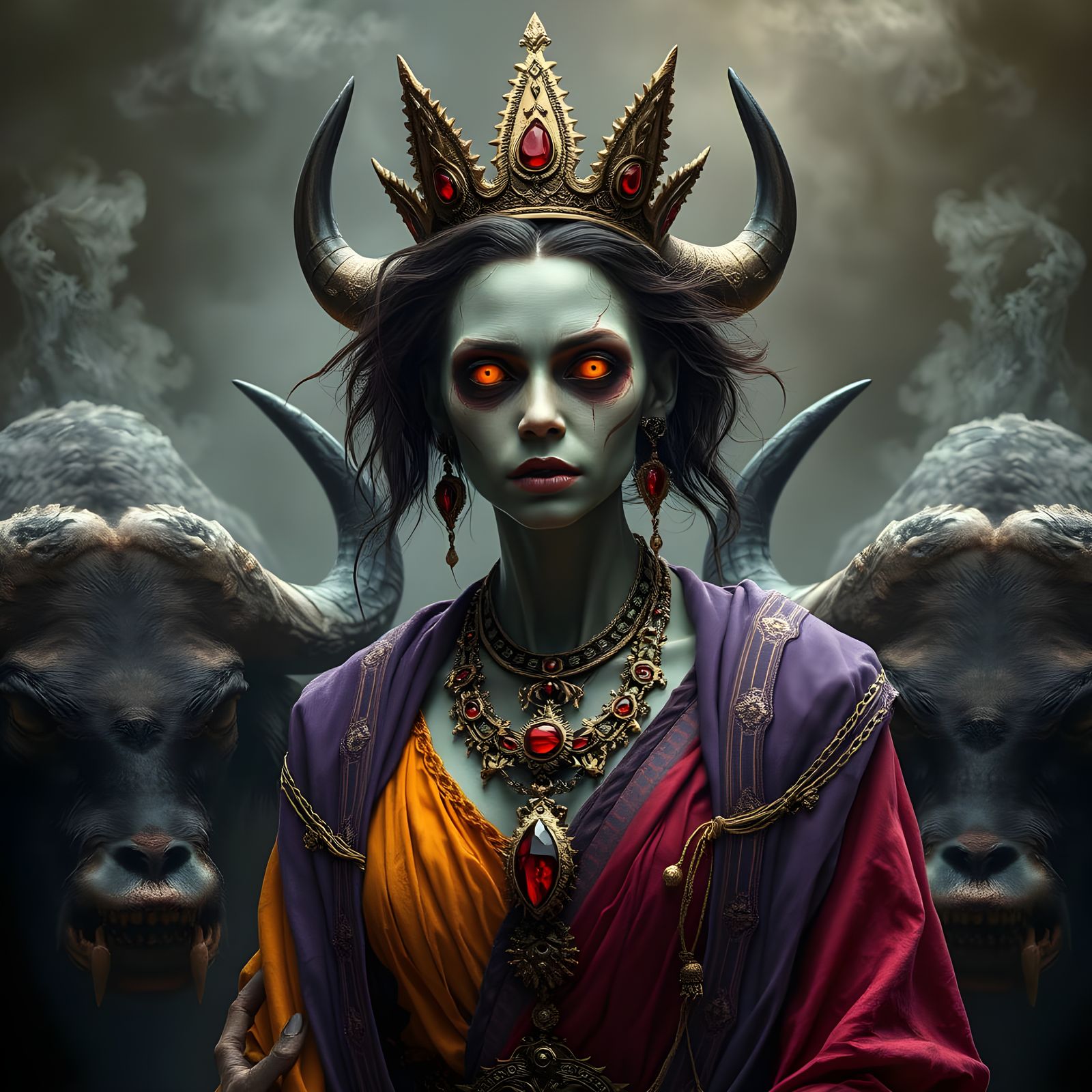 Zombie Queen and Buffalo in Dark Fantasy Horror Style