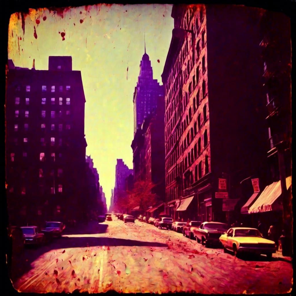 Surreal Macabre Cityscape with Radiating Sun