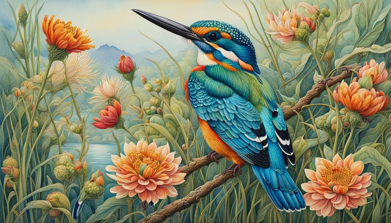 Kingfisher with Flowers and Butterfly, Watercolor Painting