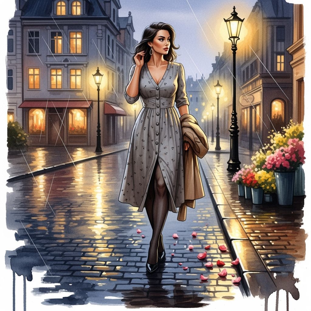 Woman Walking on Wet Cobblestone Street at Dusk