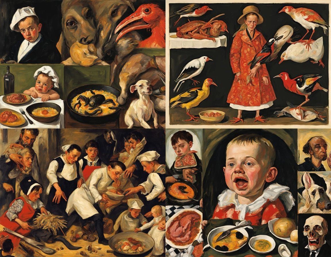 Surreal Spanish Paella Scene in Whimsical Ladybird Style