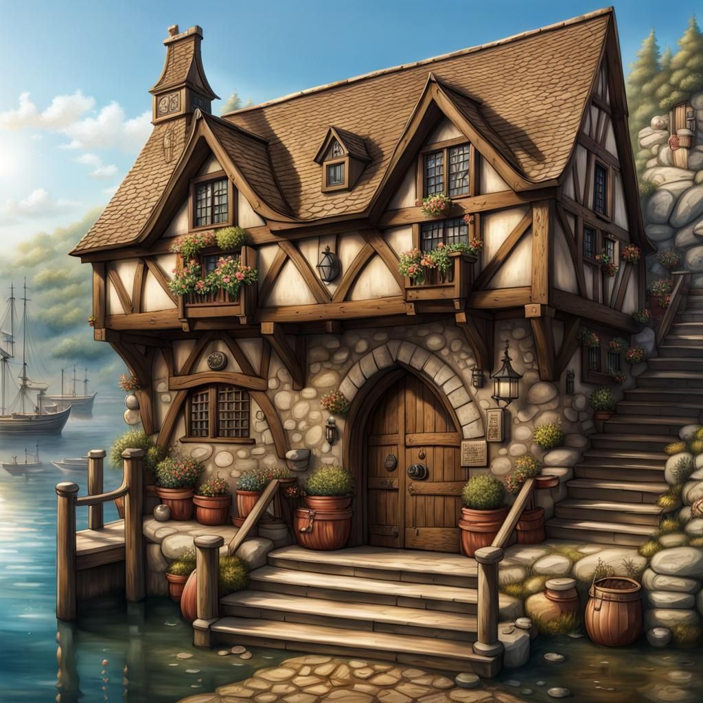 Medieval Inn Overlooking Docks: Digital Illustration