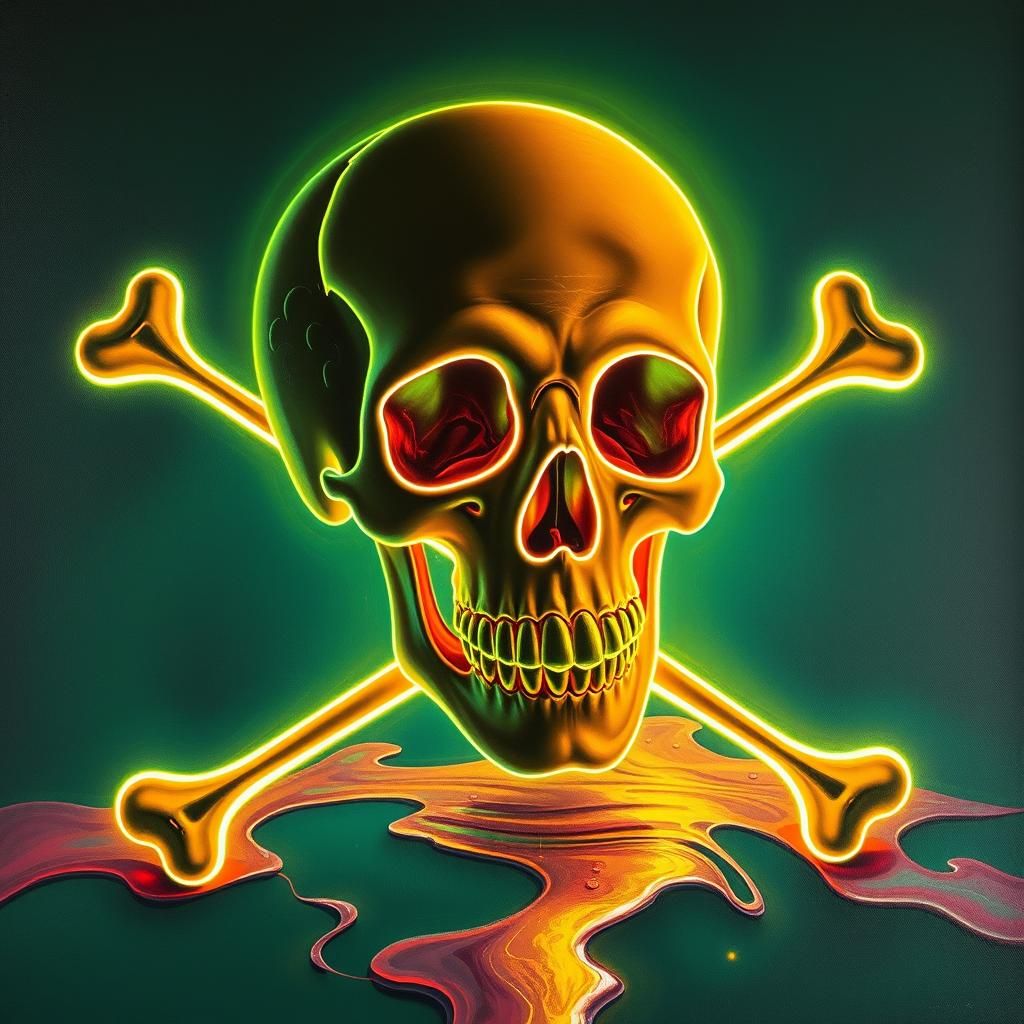 Bioluminescent Skull and Crossbones in Surreal Style
