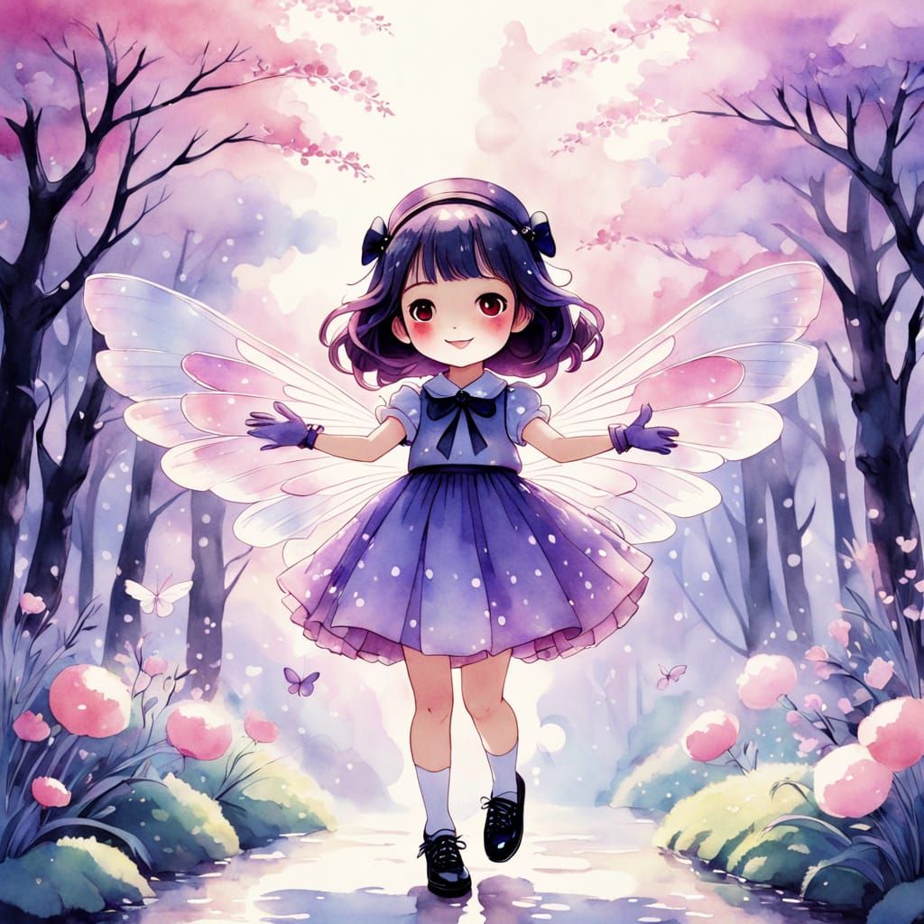 Coccinelle chibi DEBIYT avec les bras levés en signe de célébration joyeuse, entourée d'une lumière douce et chaude, vêt...