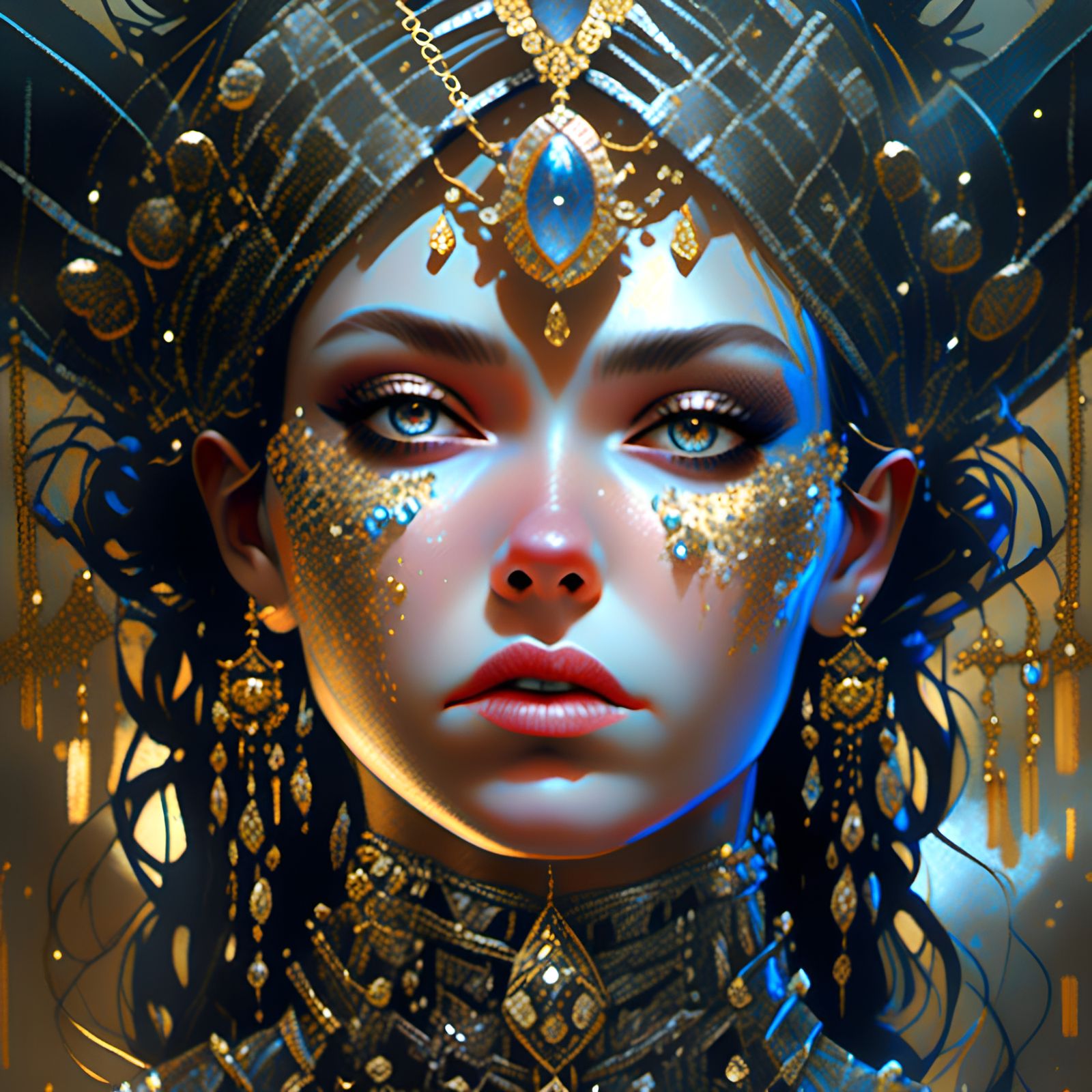 Jewel-Adorned Woman: Intricate Art Nouveau Illustration