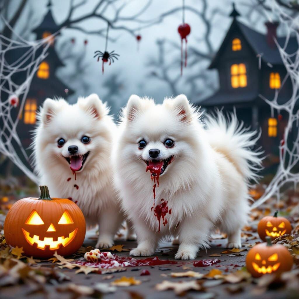 Zombie Pomeranians Trick-or-Treating on Halloween Night