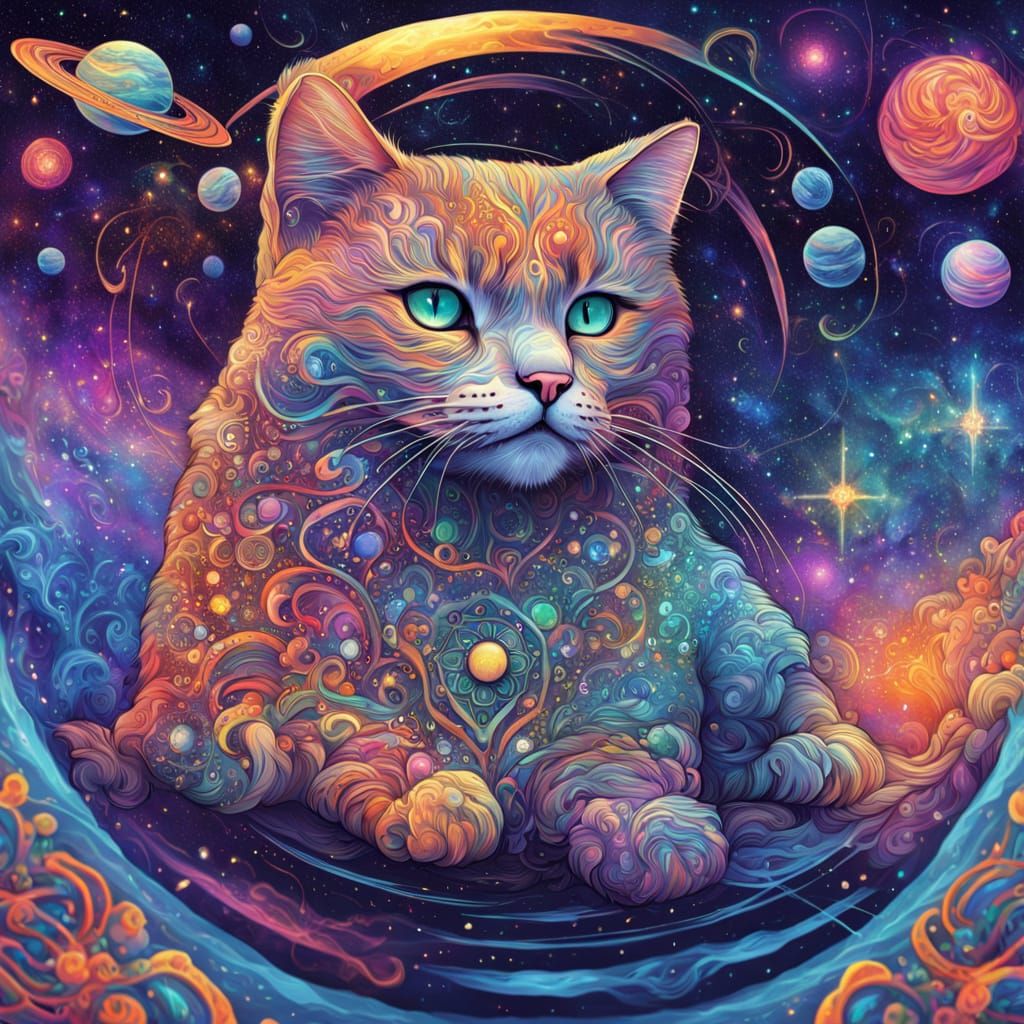 Cosmic Cat in Vibrant Galaxy Illustration