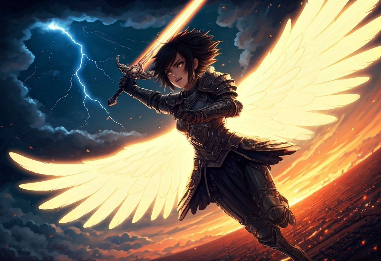 Anime Valkyrie Descends to Battlefield with Glowing Sword