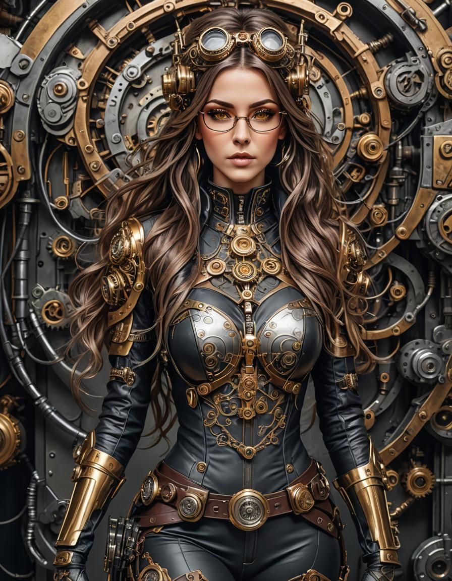 Steampunk Woman with Golden Eyes and Cybernetic Implants