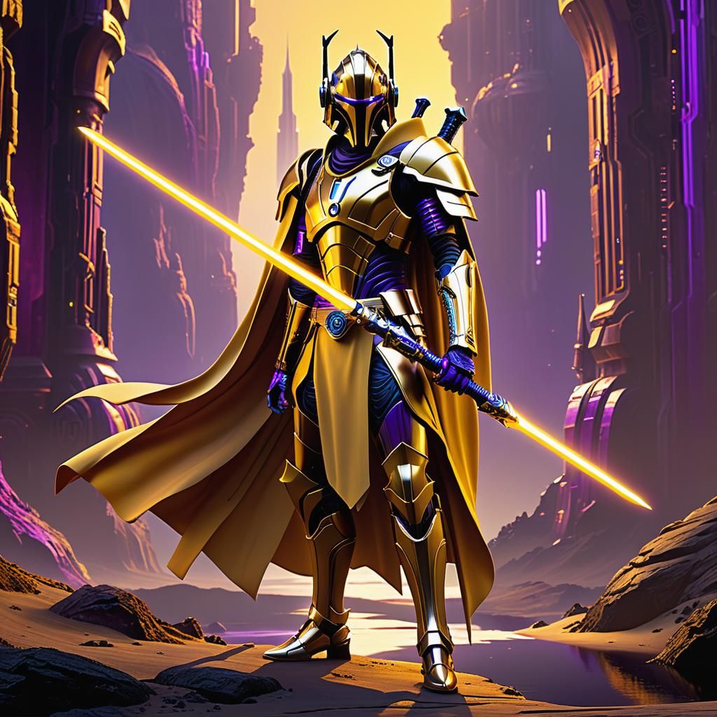 Cybernetic Trandoshan Jedi in Vibrant Purple and Yellow Armo...