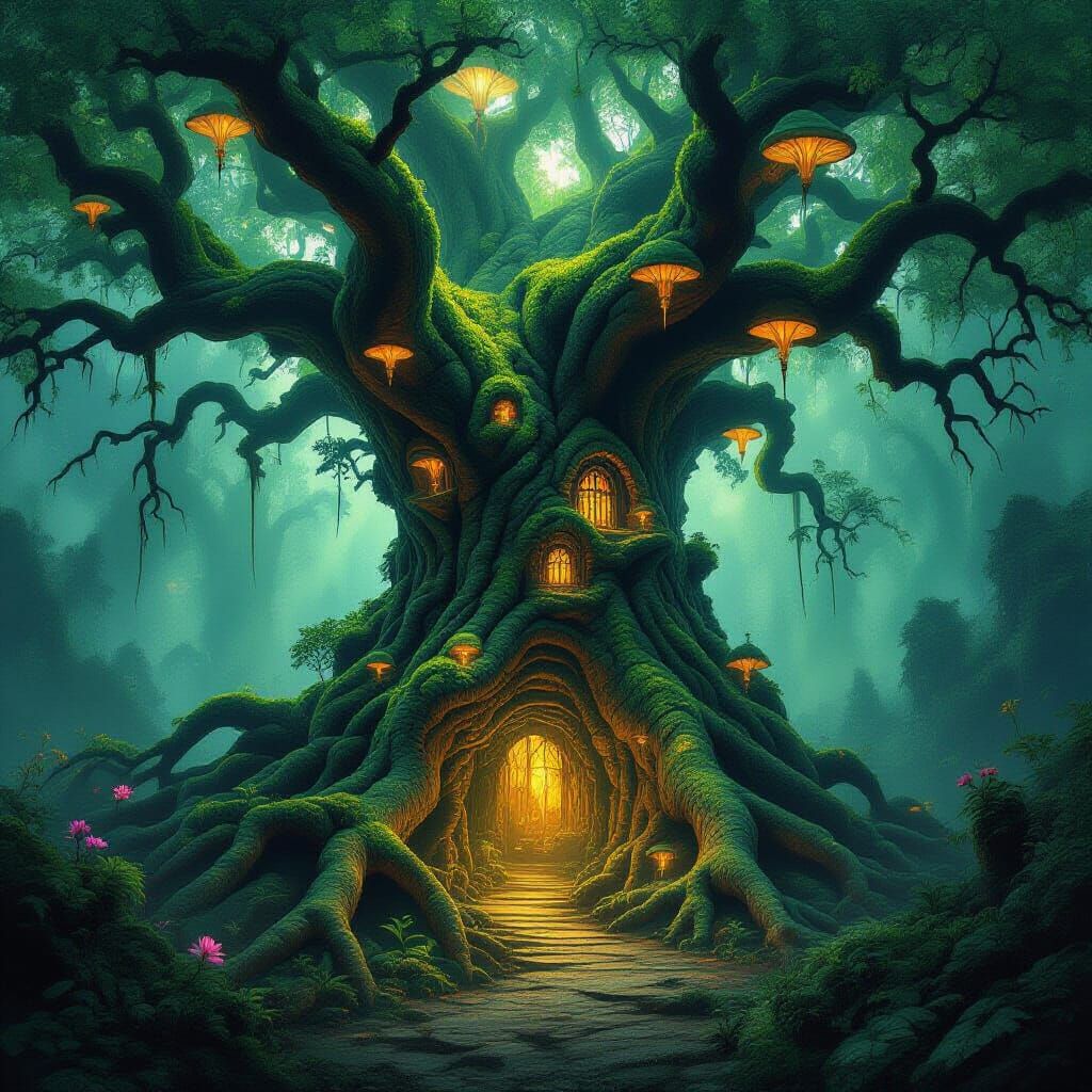 Ancient Tree Lair: Nature Villain's Bioluminescent Hideout