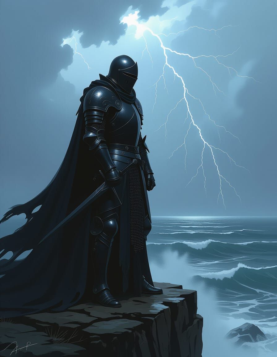 Brooding Knight on Cliff in Dark Fantasy Style