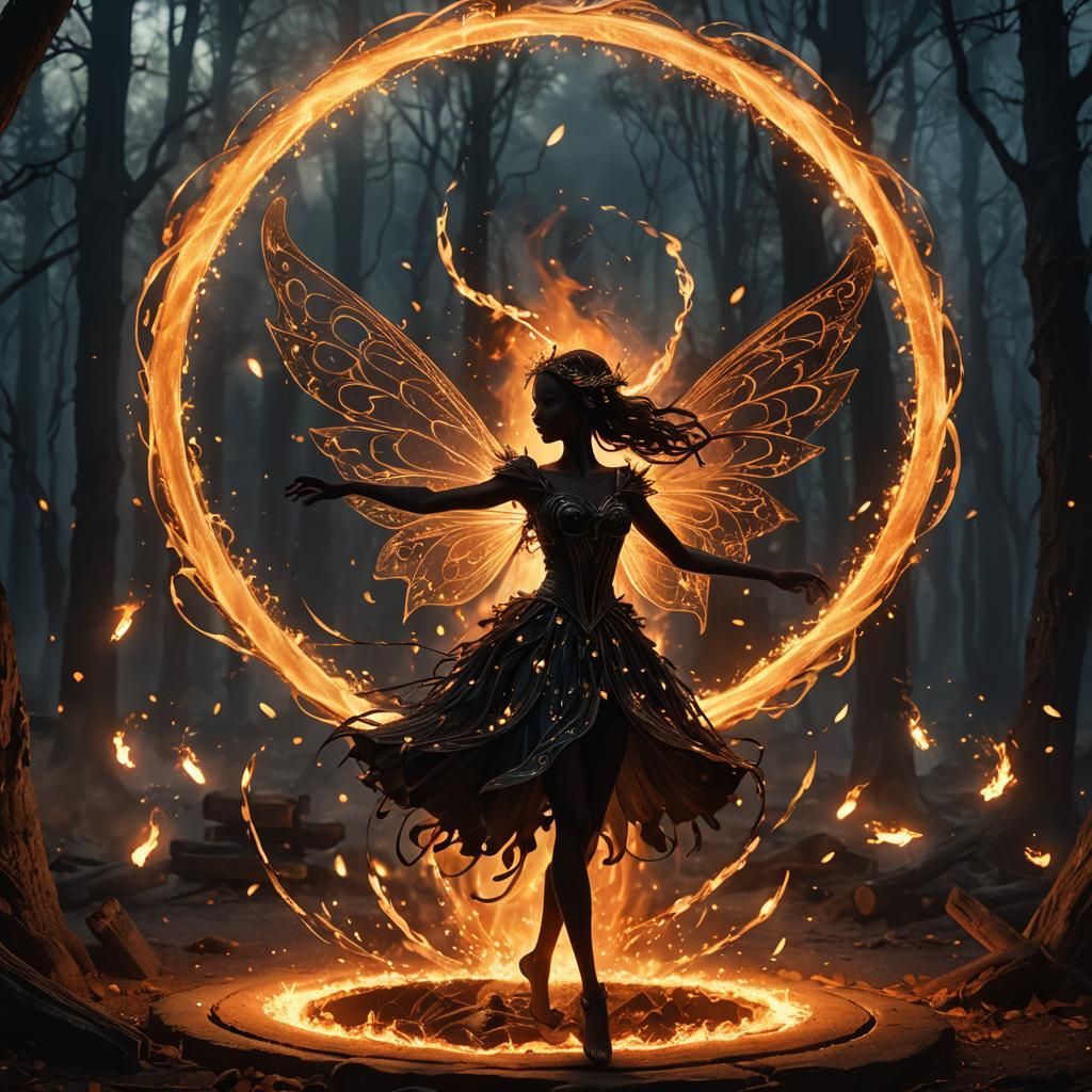 Silhouette of a Fairy Dancing in a Flaming Ring