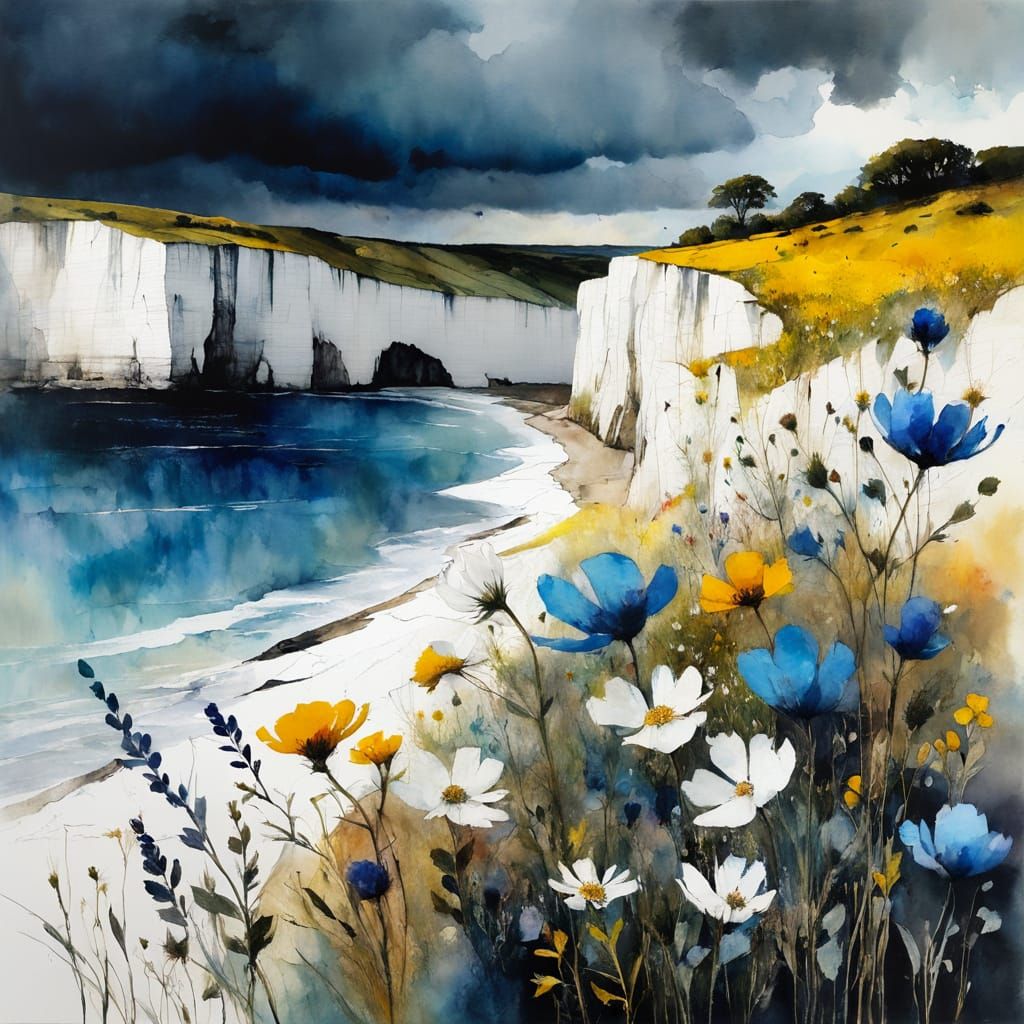 Wildflowers Bloom Atop White Cliffs: Encaustic Painting