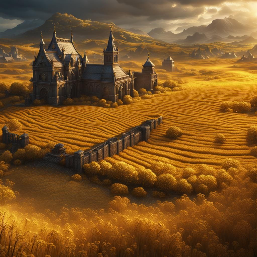Golden Field: Detailed Matte Painting in Fantasy Style