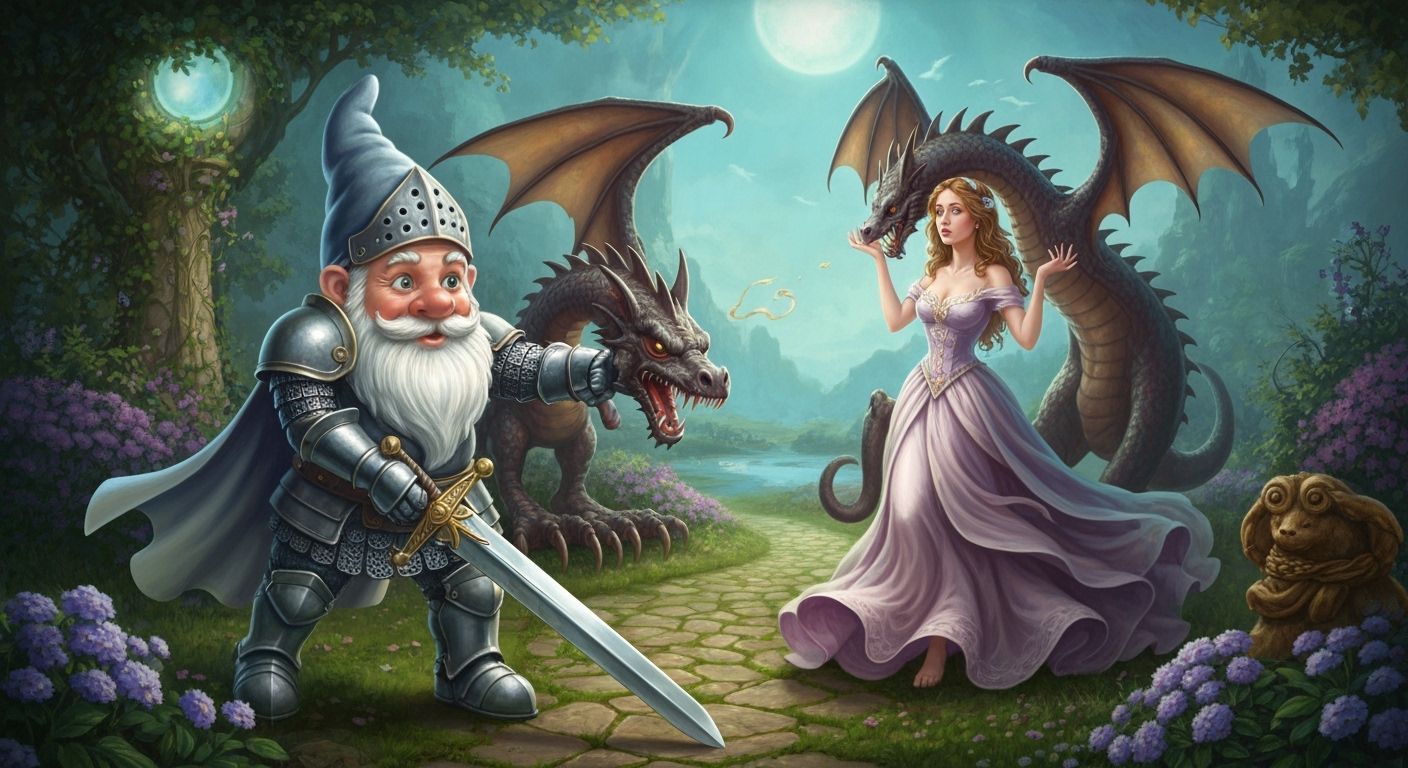 Gnome Knight's Dragon Rescue: A Digital Art Nouveau Painting