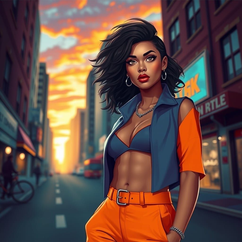 Empowered Woman in City Sunset, Art Style of Loish