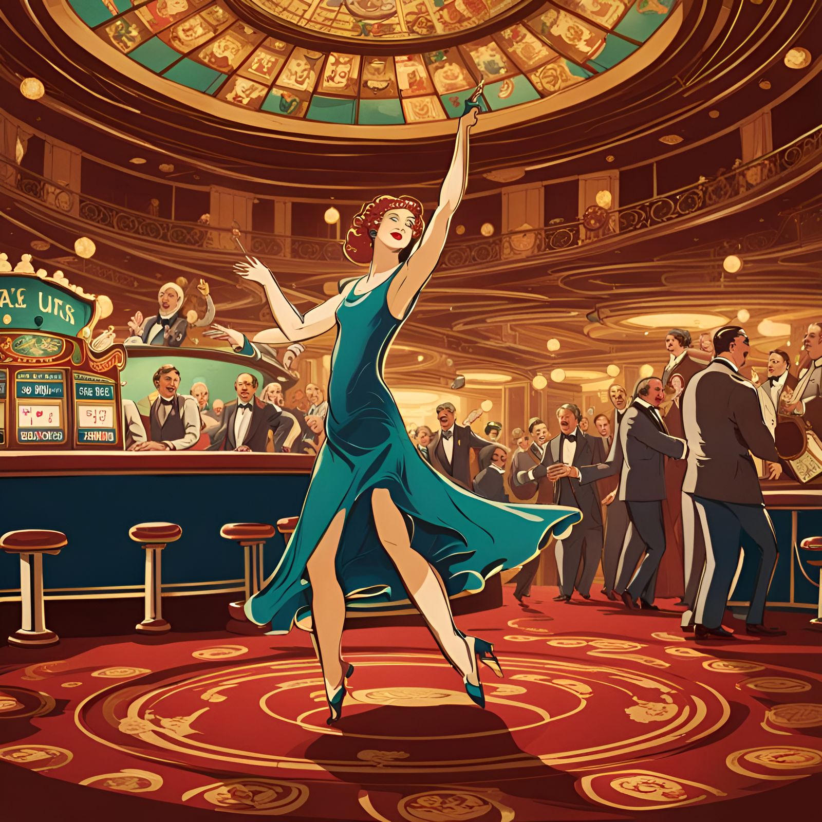 Art nouveau style Lady Luck dancing in a casino with a crowd...