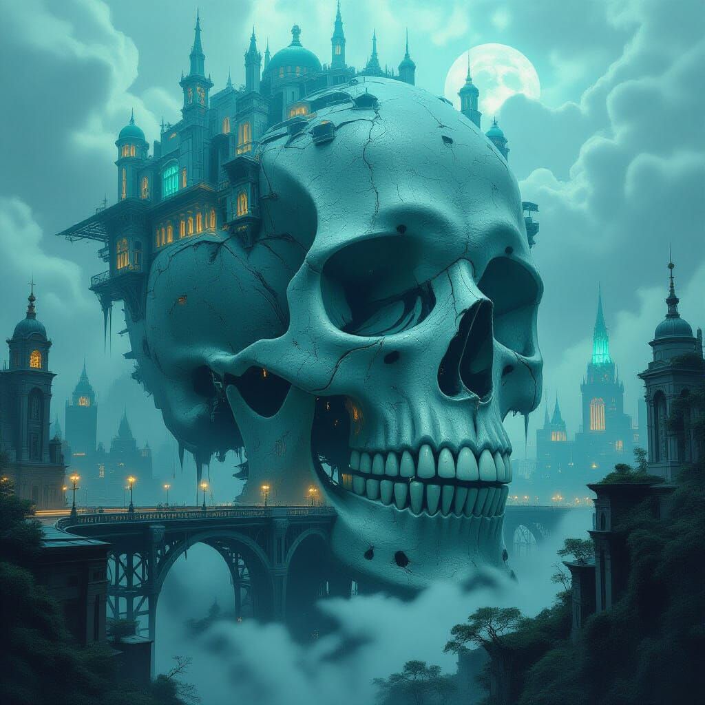 Cyberpunk Metropolis Inside Giant Skull