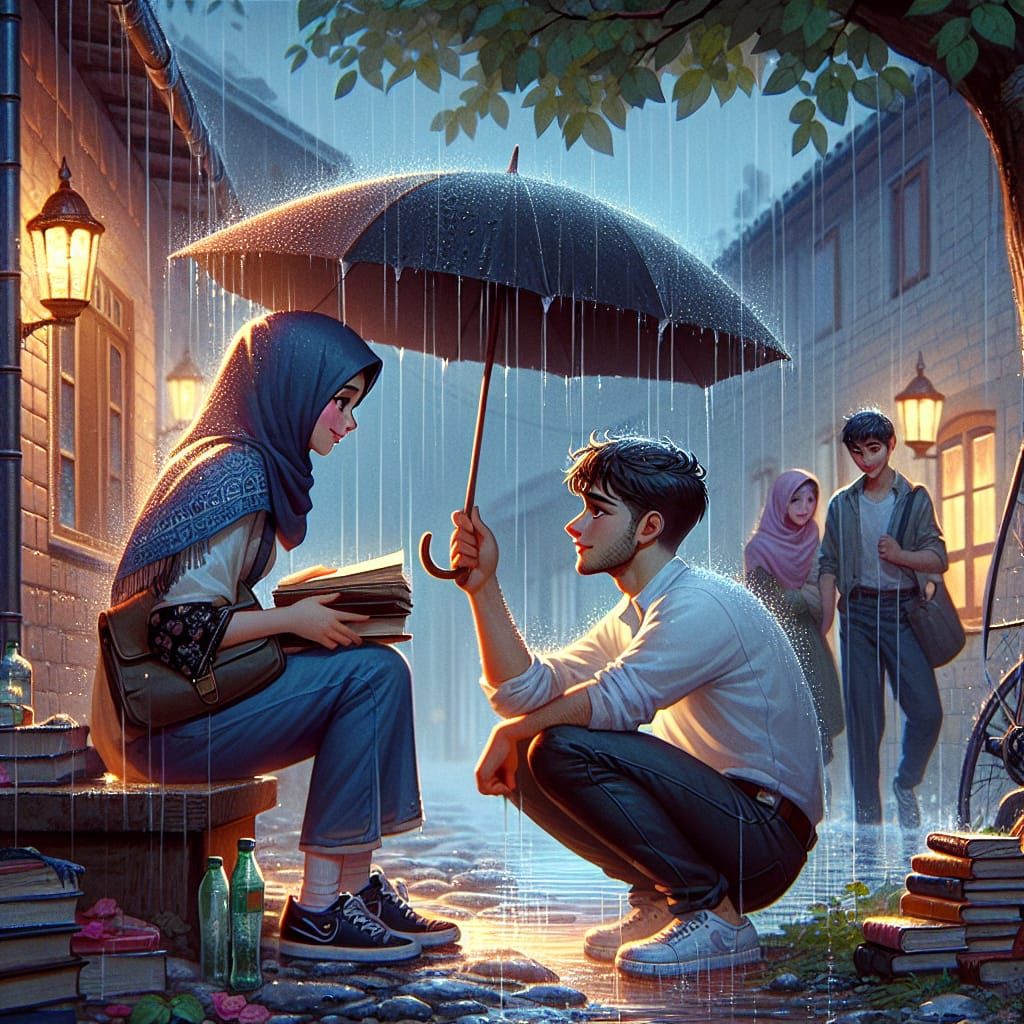 Romantic Rainy Alley Encounter in a Small Town