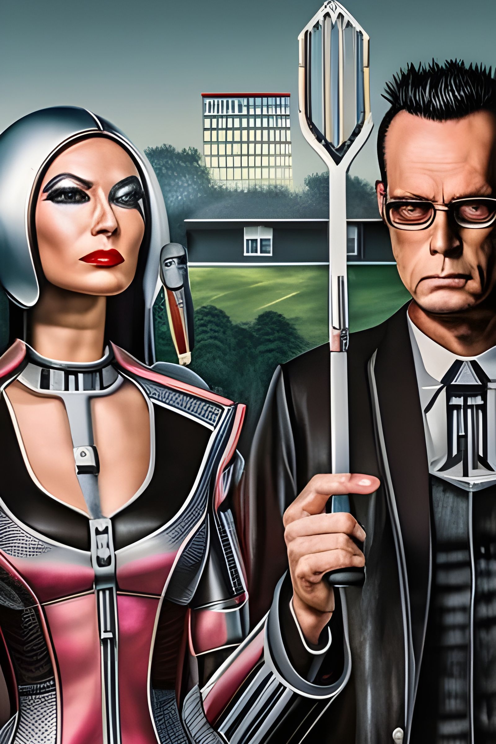 Cyberpunk American Gothic Painting in Neo Tokyo