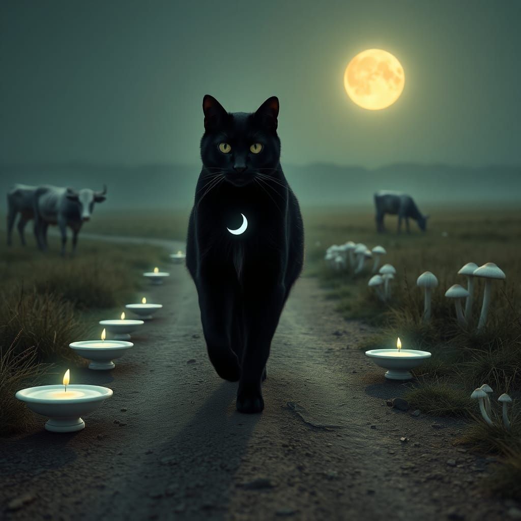 Majestic Black Cat's Moonlit Offering