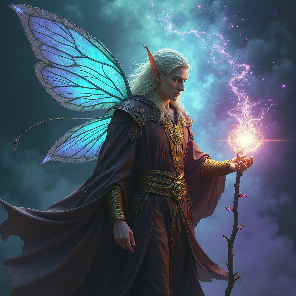 Elf Conjuring Magic with Blue Fairy Wings