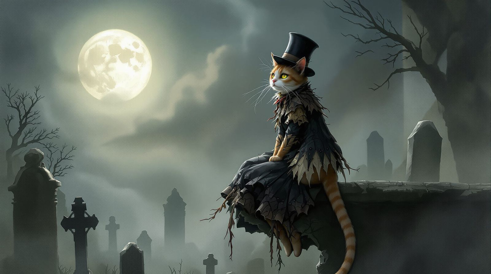 Gothic Cat on Gargoyle in Moonlit Graveyard