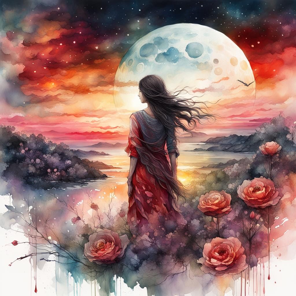 Bloodmoon Summerscape Sunset Watercolor Illustration
