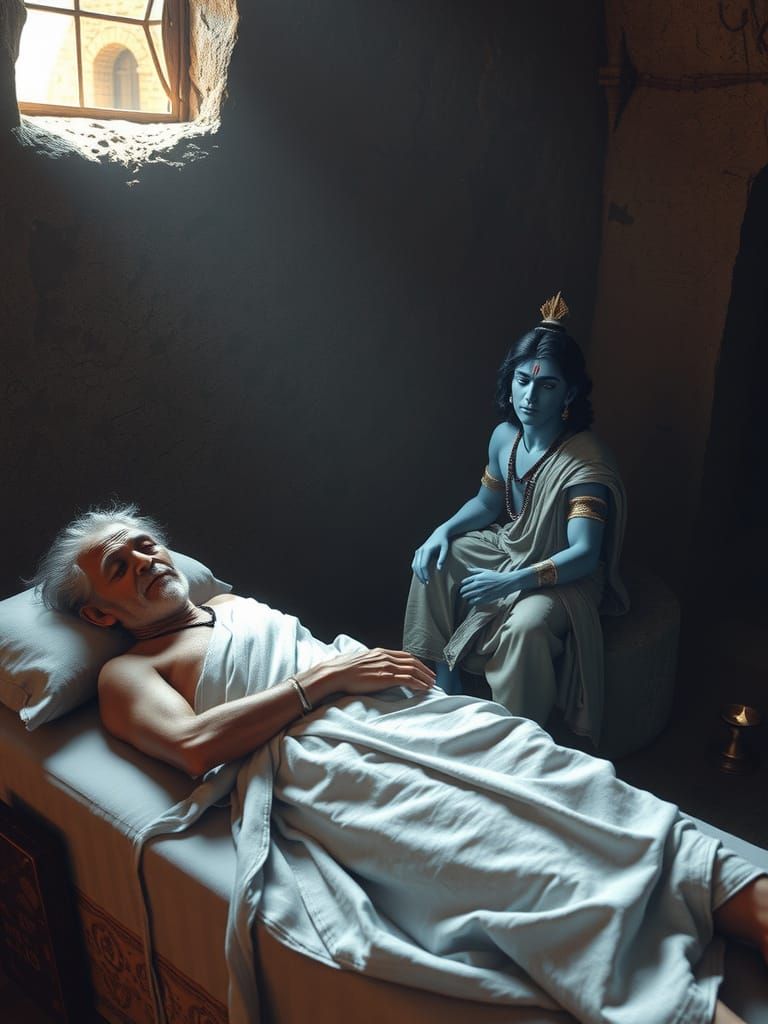 Serene Himalayan Chamber: Arjuna's Final Moments with Krishn...