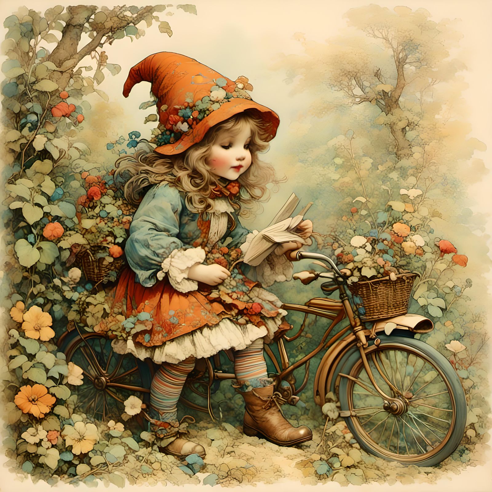Little girl gnome and her bicycle