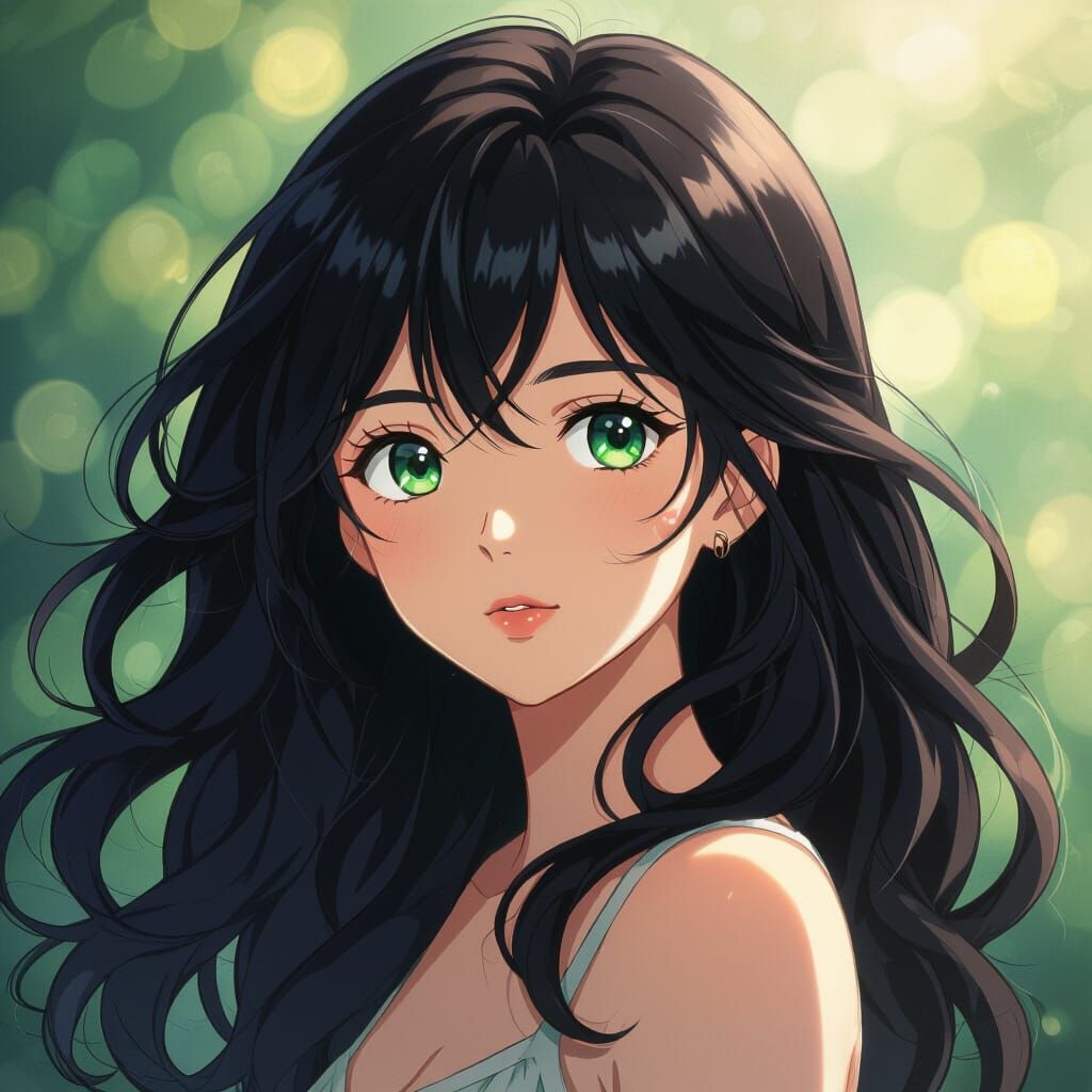 Anime Girl with Wavy Black Hair and Green Eyes