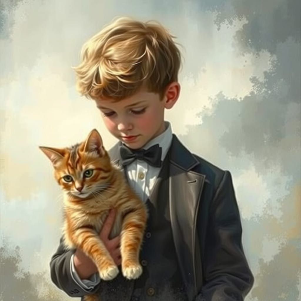 Boy with Cat in Ethereal Charcoal Gouache and Watercolor