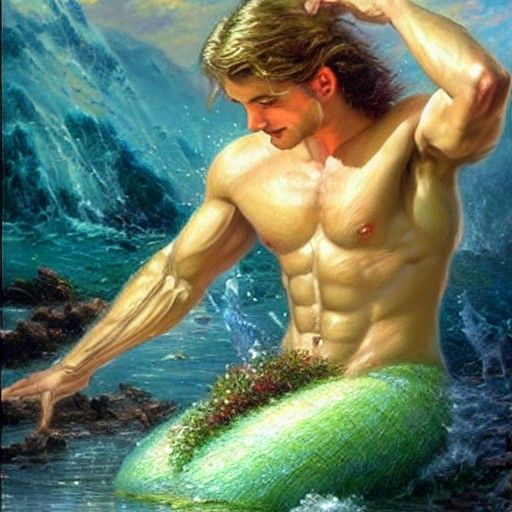 Detailed Merman in Ethereal Fantasy Oil Painting