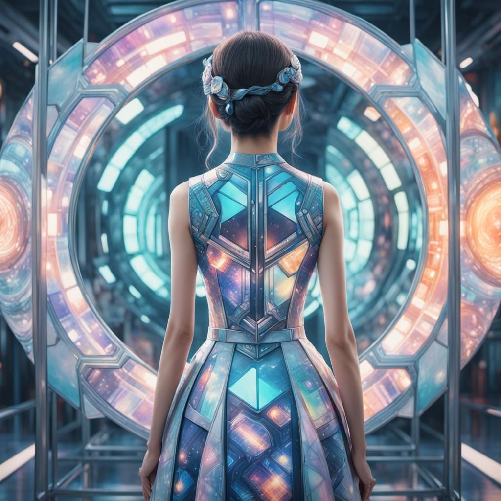 A woman of 2050 , watching herself in a beautiful futuristic...