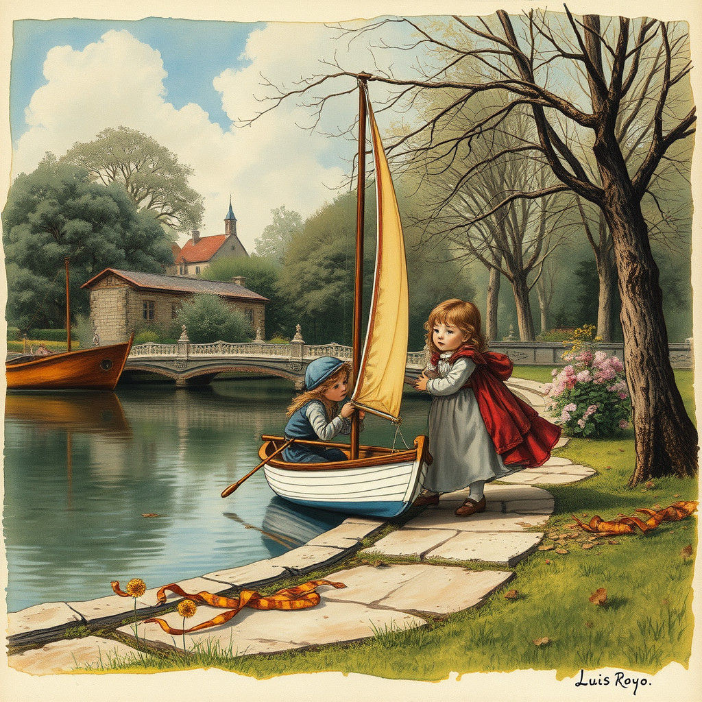Victorian Children with Sailboat in Vintage Style