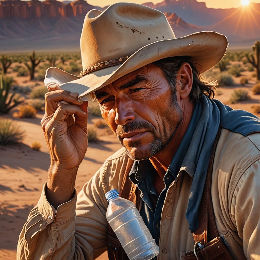 Weary Cowboy Sipping Water in Desert, Oil Painting