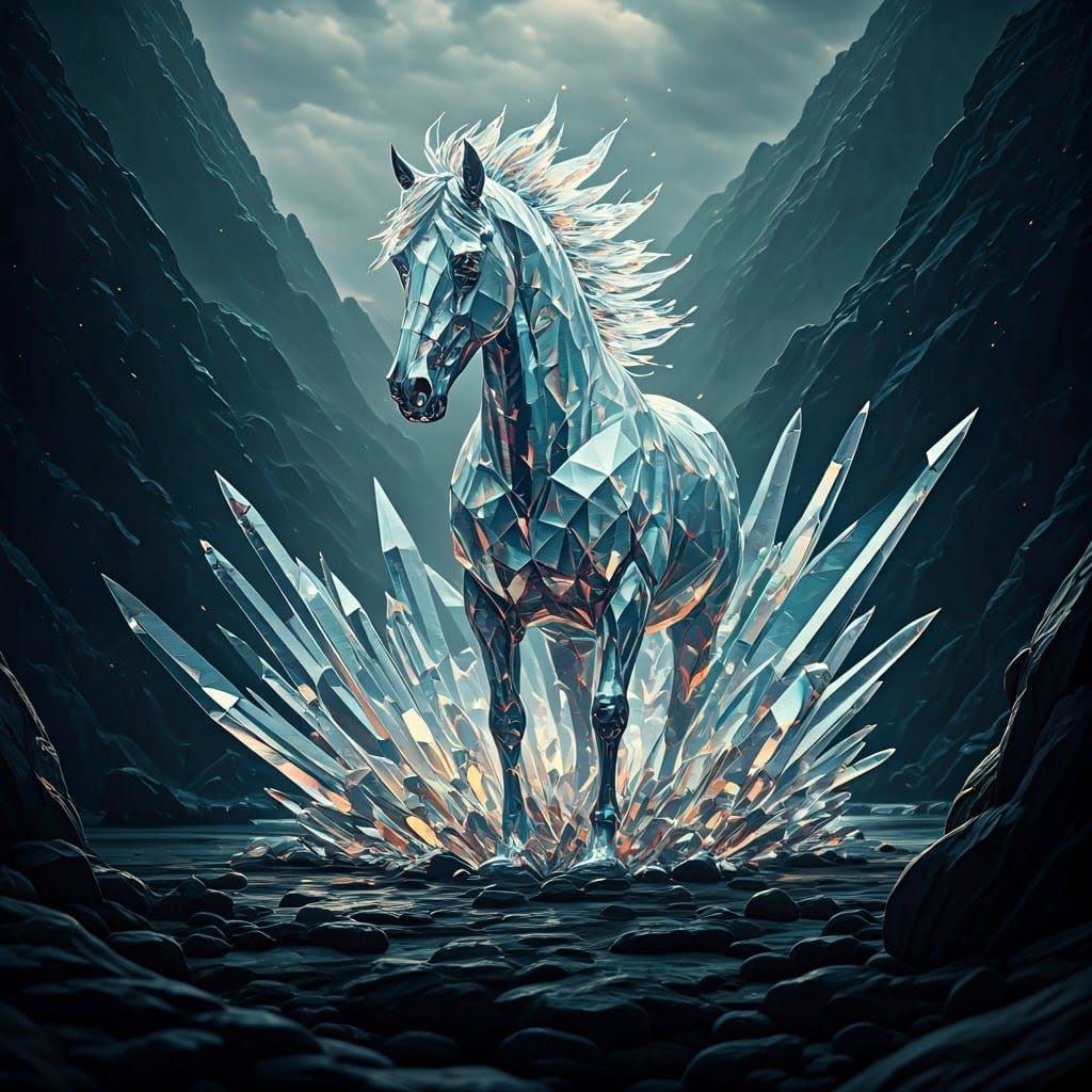 Majestic Crystal Horse in Atmospheric Landscape