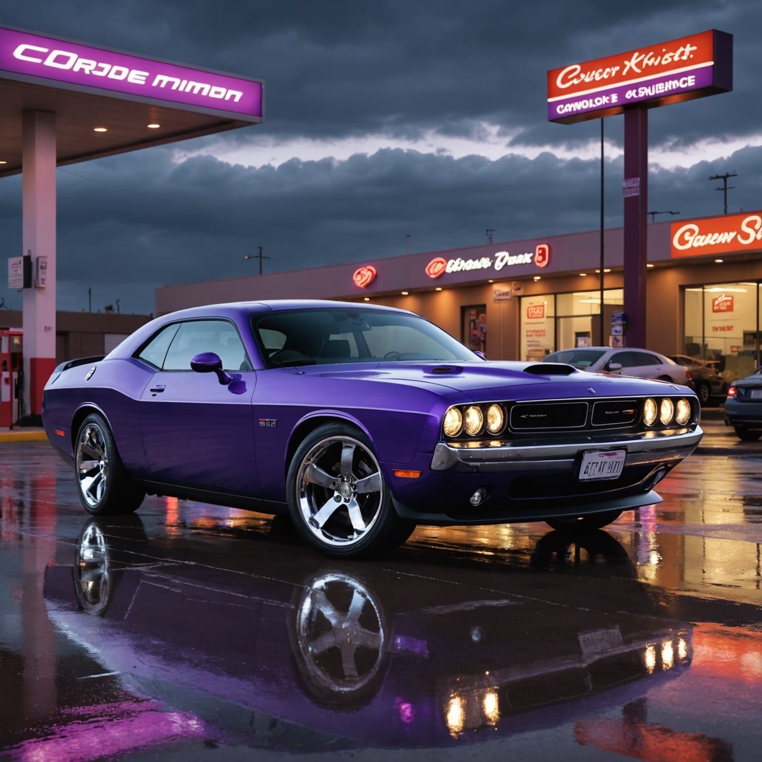 Purple Dodge Challenger SRT Lowrider at Desert Gas Station
