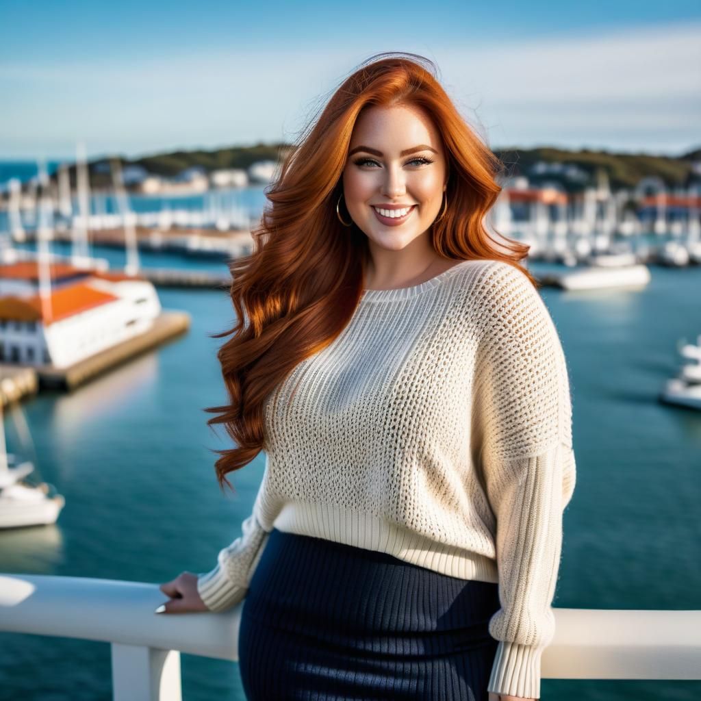 Joyful Auburn-Haired Woman in Harbor Portrait