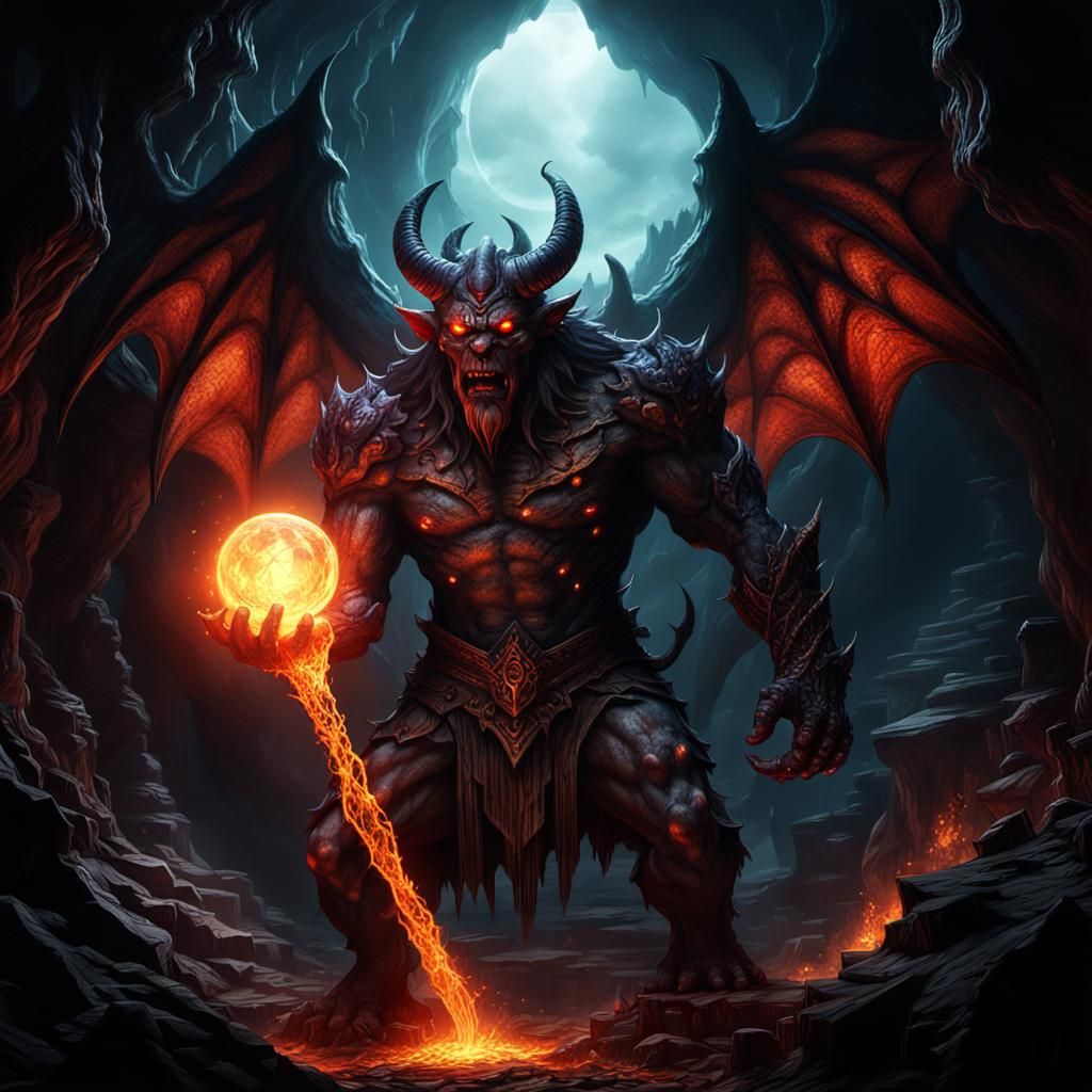 Powerful Demon Radiating Dark Magic in Cavern