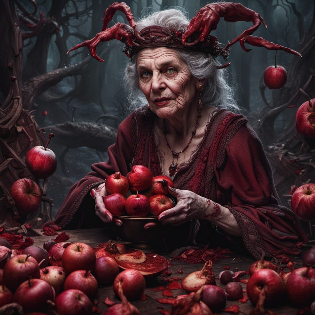 Evil Witch Surrounded by Blood Apples: Detailed Art