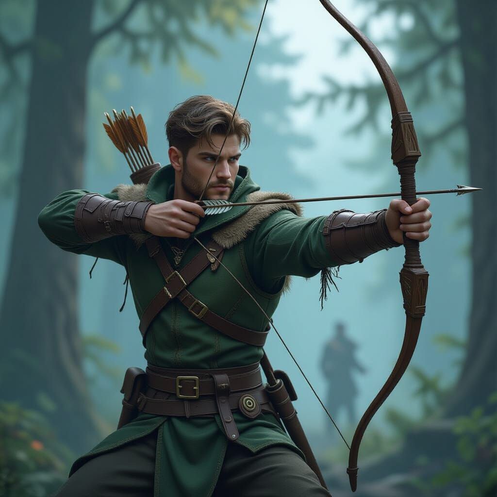 Young Ranger Hunting in Deep Forest, Fantasy Concept Art