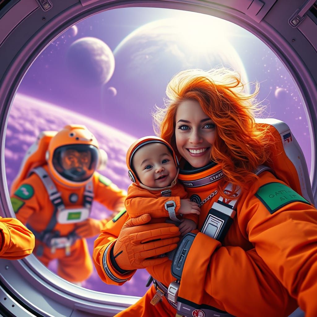 Astronauts in Shimmering Orange Suits Explore Vibrant Purple...