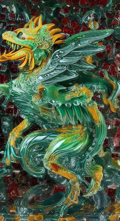 Hyperrealistic Foo Dog Guardian in a Glistening, Transparent...