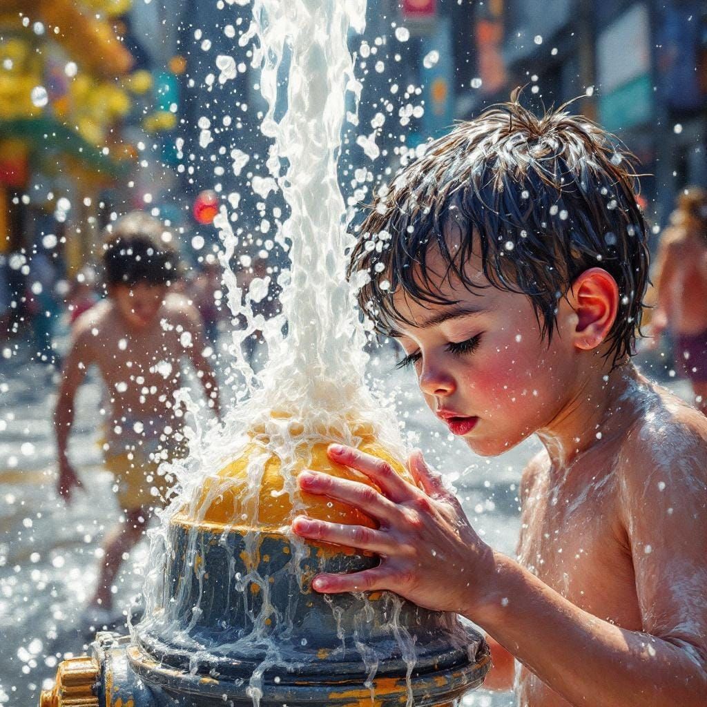 Children Play in Hydrant Water, Hyperrealistic Splash Art