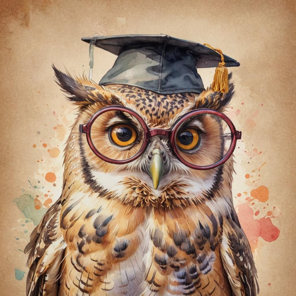 Whimsical Cartoon Owl Professor in Watercolor Style