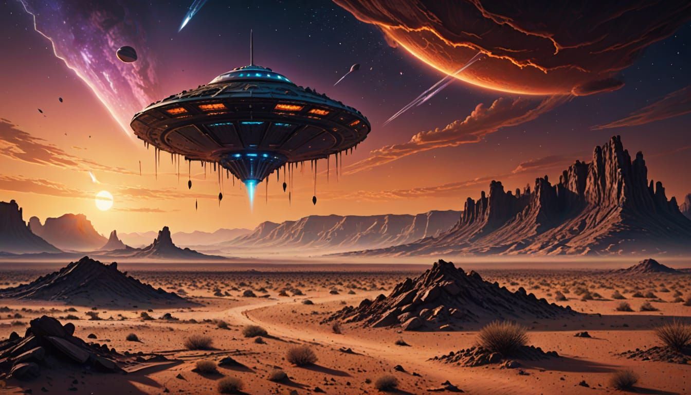 Menacing Alien Spaceship Over Apocalyptic Desert